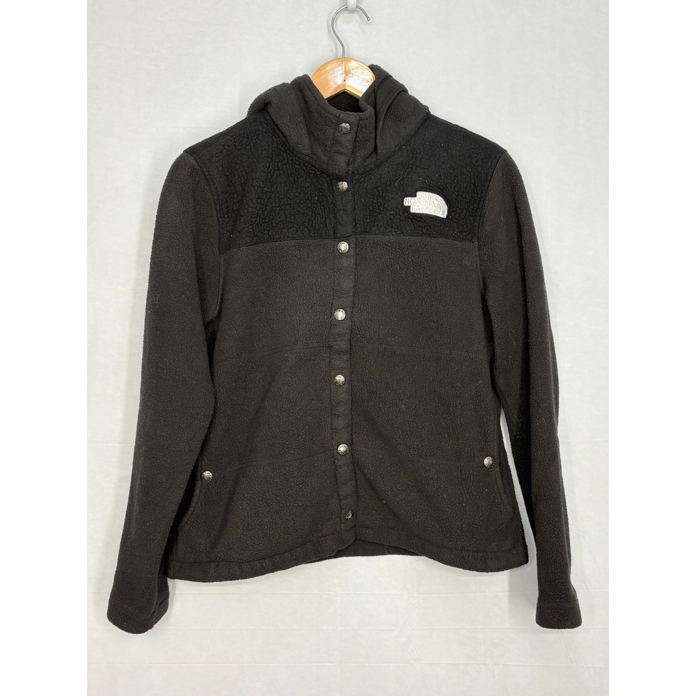 The North Face Gemma Fleece Jacket Womens Black Logo Snap Front Hooded Outdoor M